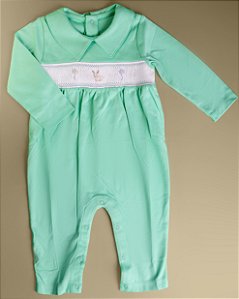 Macacão Smock Coelho e Balão Menino - Verde Água