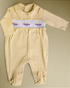 Macacão Smock Barco Azul - Amarelo Liso