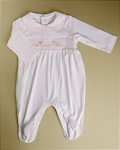 Macacão Smock Ovelha Rosa - Branco Liso