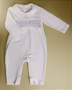 Macacão Smock Bordado Azul - Branco Liso