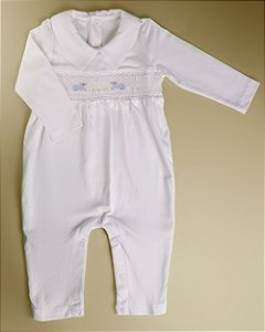 Macacão Smock Ovelha Azul - Branco Liso