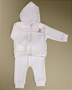 Jaqueta e Calça PIMA DUPLA Bordado Urso Azul - Branco Liso