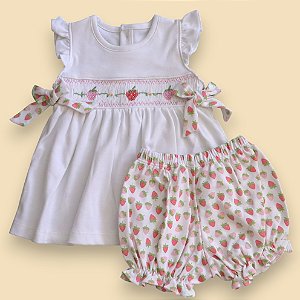 Vestido Smock Laço e Morango MC - Branco Liso