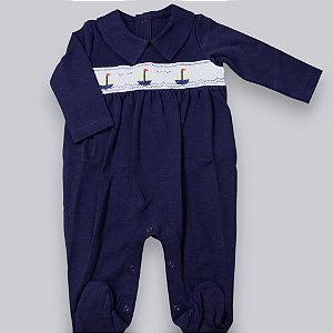 Macacão Smock Barco Vela Amarela - Azul Marinho Liso