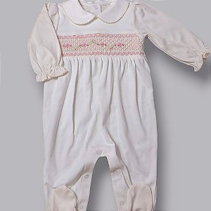 Macacão Smock Florzinha com Losango - Off-White