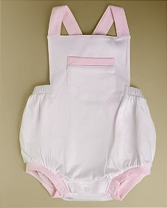 Jardineira PIMA DUPLA - Branco Liso com Rosa - Menina