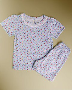 Pijama Blusa e Shorts Babadinho MC - Flor Fundo Azul