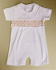 Macaquinho Smock Bordado Marrom - Branco Liso