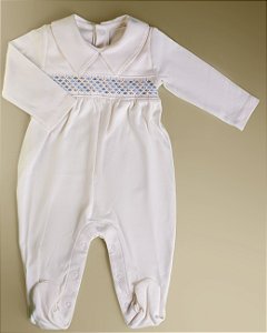 Macacão Smock Pontos Azul e Cinza - Off-White