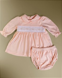 Vestido Smock Flor Salmão ML - Melão Liso