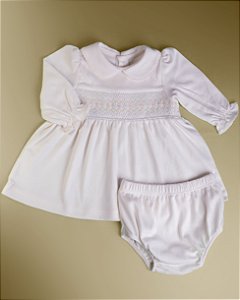 Vestido Smock ML Flor Azul e Rosa  - Off-White