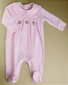 Macacão 3 Bordados Animais Menina - Rosa Liso