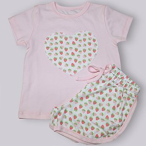 Pijama Blusa e Shorts - MC - Coração com Morangos