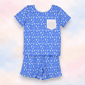 Pijama Blusa e Shorts MC - Esportes Fundo Azul com Bolso