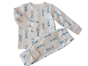 Pijama Flanelado Blusa e Calça ML - Girafa Azul
