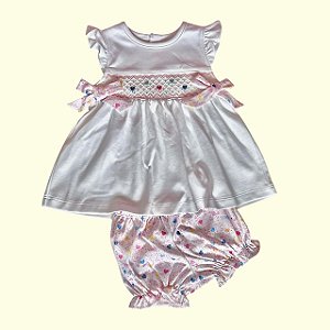 Vestido Laço Smock Corações Coloridos - Branco Liso