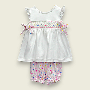 Vestido Laço Smock Corações Coloridos - Branco Liso