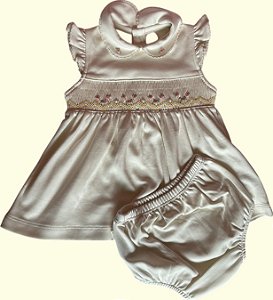 Vestido Smock Florzinhas Linhas Amarelas - Off-White Liso