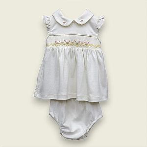 Vestido Smock Florzinhas Linhas Amarelas - Off-White Liso