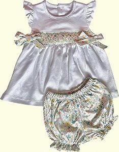 Vestido Laço Smock Losango Verde e Amarelo - Branco Liso