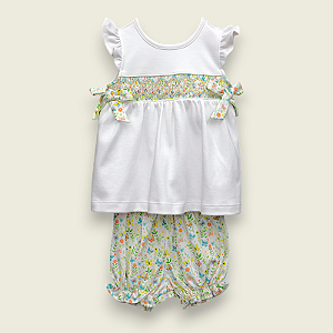 Vestido Laço Smock Losango Verde e Amarelo - Branco Liso