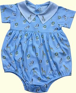 Macaquinho Body Animais Aquarelados Azul - Gola Branca Zebra Colorida