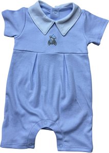 Macaquinho Bordado Ursinho Azul Celeste - Celeste Liso Gola Branca