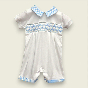 Macaquinho Smock Prisma Azul - Branco Liso Gola Xadrez Azul