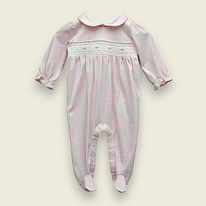 Macacão Smock Florzinha Rosa com Losango - Xadrez Rosa