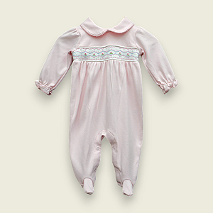 Macacão Smock Tulipa Folhas Verdes - Rosa Liso