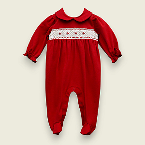 Macacão Smock Flores Vermelhas - Vermelho Liso