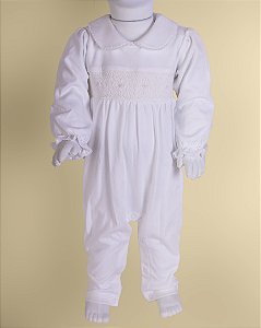 Macacão Smock Bordado Branco Menina - Branco Liso
