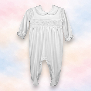 Macacão Smock Bordado Branco Menina - Branco Liso