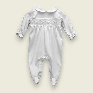 Macacão Smock Bordado Branco Menina - Branco Liso