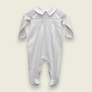 Macacão Smock Bordado Branco Menino - Branco Liso