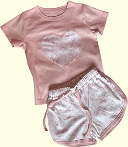 Pijama Blusa e Shorts MC - Coração de Ursinho e Balões Rosa