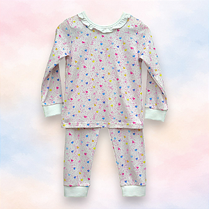 Pijama Blusa e Calça ML - Corações Coloridos Fundo Pontilhado Rosa