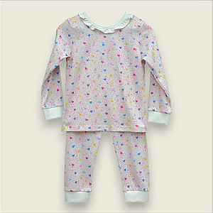 Pijama Blusa e Calça ML - Corações Coloridos Fundo Pontilhado Rosa
