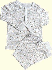 Pijama Blusa e Calça ML - Barcos e Gaivotas Listrado