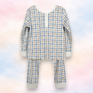 Pijama Blusa e Calça ML -Xadrez Azul e Bege
