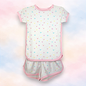 Pijama Blusa e Shorts MC - Corações Claros com Poá