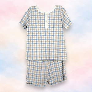 Pijama Blusa e Shorts MC - Xadrez Azul e Bege