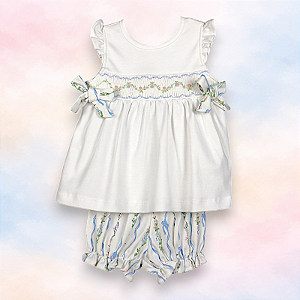 Vestido Laço Smock Zigue-Zague Flores Rosas e Lilás - Branco Liso
