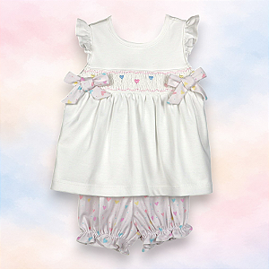 Vestido Laço Smock Corações Coloridos Claros - Branco Liso