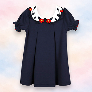 Vestido Entretela Rosa Vermelha - Azul Marinho Liso