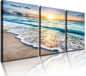 Kit 3 Quadros Decorativos Oceano Ondas do Mar Praia Decorações de Escritório Casa para Sala de Estar