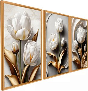 Quadro Decorativo Flor Tulipa Branca Dourada Ouro Trio 3 Peças Fácil Fixação com Fita Dupla Face