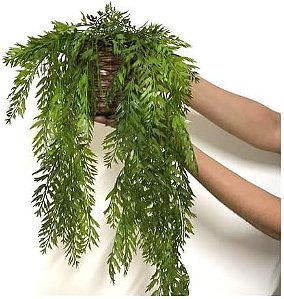 Arranjo Pendente Verde Artificial Samambaia Decorativa Com Vaso de Fibra Artesanal, Para Sala de Estar, Quarto, Escritório, Decoração