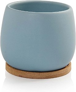 Vaso Cachepot para Planta com Prato de Bambu e Tampa para o Fundo Ibisa Porcelana Azul Fosco Pozzani