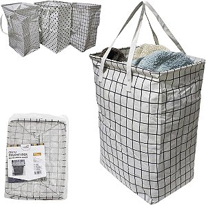 Cesto de Roupa Organizador Dobrável Leve de Poliéster com Alça 60x40x30cm 72 Litros Multiuso para Roupas Sujas Brinquedos Banheiro Quarto Dormitório Tecido Cinza Material Resistente (Estampa Quadrada)